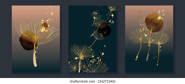 Set of abstract floral wall art template. Elegant line art, floating seeds of dandelion, gold foil textured. Collection of luxury wall decoration perfect for decorative, interior, prints, banner.