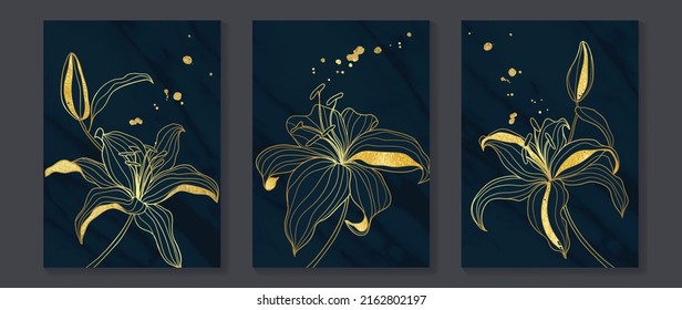 Set of abstract floral wall art template. Elegant line art, lily flowers, blooms, foliage on dark background. Collection of luxury wall decoration perfect for decorative, interior, prints, banner.