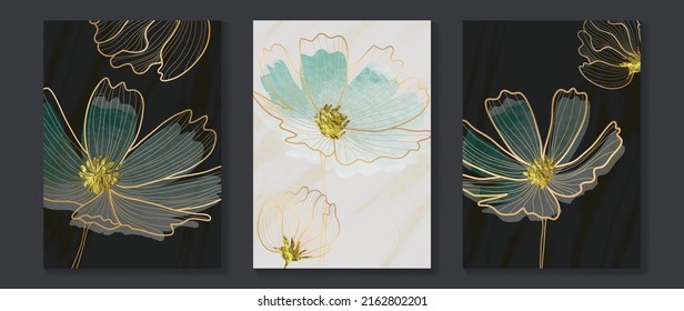 Set of abstract floral wall art template. Elegant line art, flowers, leaves, foliage on white background. Collection of luxury wall decoration perfect for decorative, interior, prints, banner.
