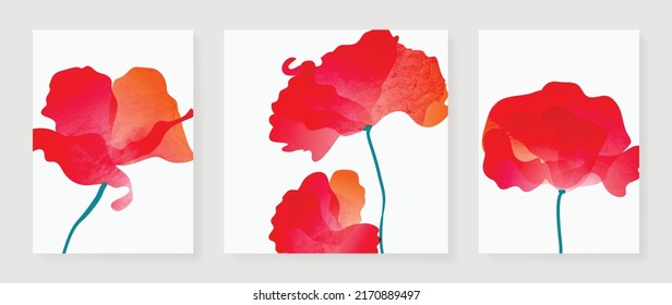 Set of abstract floral wall art vector. Red flowers, blossom, flower petal, watercolor texture. Collection of botanical wall decoration perfect for decorative, interior, prints, banner.