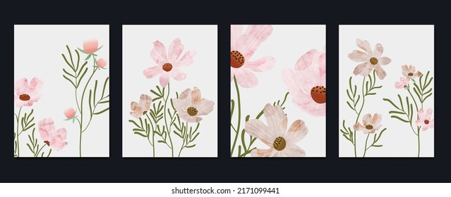 Set of abstract floral wall art vector. Leaves, flower, garden, leaf branch, wildflowers in watercolor texture. Blossom flowers wall decoration collection design for interior, poster, cover, banner.
