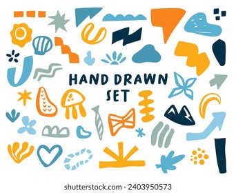 Set of abstract floral and weather shape vector illustrations. Collection of colorful hand drawn pattern. Abstract variative flourish element doodle
