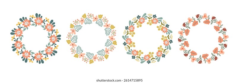 Set of abstract floral wreaths in doodle folk style. Warm vintage coral, mustard, sage, terracotta colors. Ideal for wedding invites, greeting cards, logo design, packaging, and stationery.