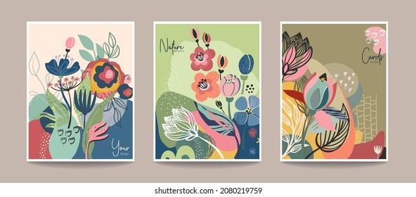 Set of abstract floralpre-made cards. Modern trendy vector template collection
