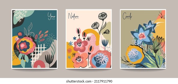 Set of abstract floralpre-made cards. Modern trendy vector template collection