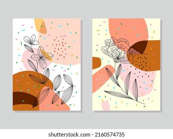 A set of abstract floral,tropical,leaves,flowers, various shapes and lines hand drawn vector illustration background.