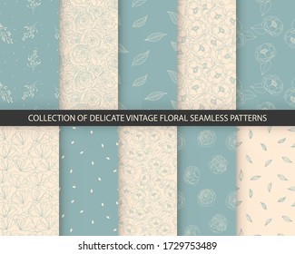 Set of abstract flourish ornament patterns. Blossom vector seamless textures.
