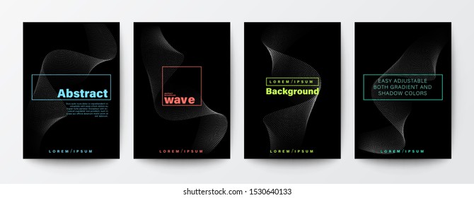 Set of abstract flow wave shape on black background for Brochure, Flyer, Poster, leaflet, Annual report, Book cover, Banner. Graphic Design Layout template, A4 size