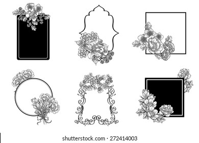 Set of abstract flower background with place for your text. Monochrome floral frames