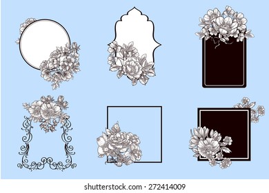 Set of abstract flower background with place for your text. Monochrome floral frames
