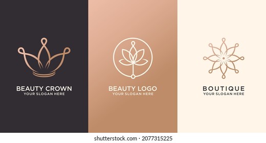 Conjunto de flor y corona abstractas, logotipo Vector Premium