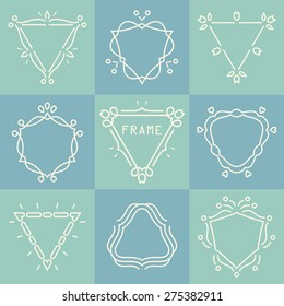 set of abstract flower decorative logo frames and badges in thin line style. vector.