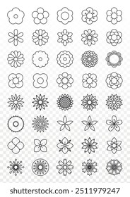 Set of abstract flower icon. Collection of monochrome outline flower heads. Vector 10 EPS.