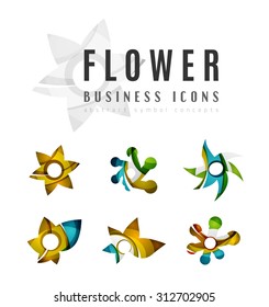 Conjunto de íconos del negocio del logotipo de la flor abstracta. Creado con ondas abstractas y formas giratorias coloridas superpuestas