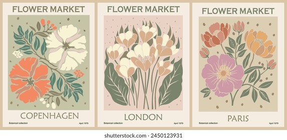 Set of abstract flower market art posters.