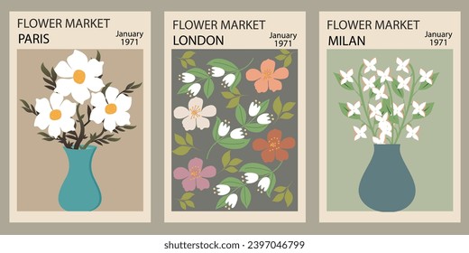 Set of abstract Flower Market compositions. Trendy botanical floral design in pastel colors for greeting cards, invitations, posters, wall art. Vector illustration