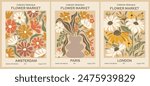 Set of abstract Flower Market Posters. Trendy botanical wall art with floral design in Mid Century colors. Text in French Botanical collection, Art Gallery. Vector art illustration. Hand drawn, not AI