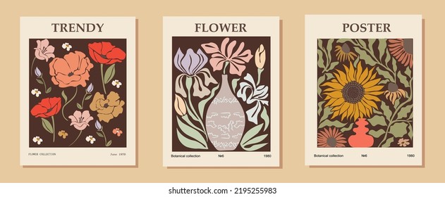 Set of Abstract flower market posters. Trendy botanical wall arts with floral design in earth tone colors. Modern naive groovy funky interior decorations, paintings. Colorful vector art illustrations