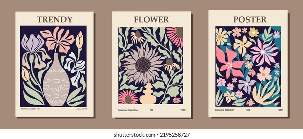 Set of Abstract flower market posters. Trendy botanical wall arts with floral design in earth tone colors. Modern naive groovy funky interior decorations, paintings. Colorful vector art illustrations