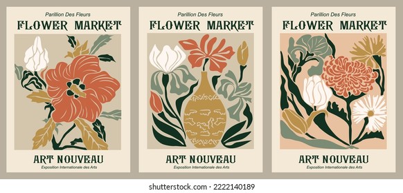 Set of abstract Flower Market posters. Trendy botanical wall arts with floral design in Art Nouveau style. Modern naive groovy funky interior decorations, paintings. Vector art.