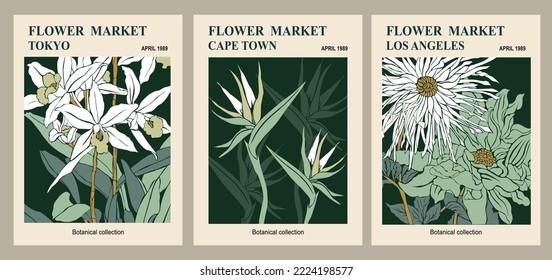 Set of Abstract Flower Market posters. Trendy botanical wall arts with floral design in sage green colors on dark. Modern naive groovy funky interior decorations, paintings. Vector art illustration.