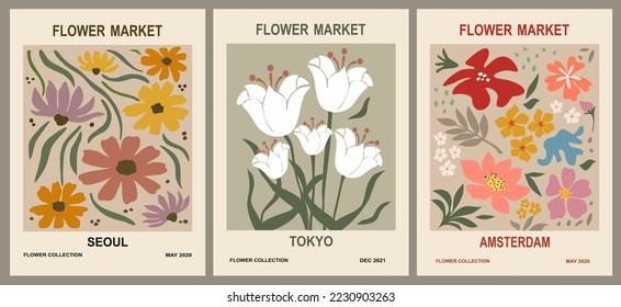 Set of abstract Flower Market posters. Trendy botanical wall arts with floral design in earth tone pastel colors. Modern naive groovy funky interior decorations, paintings. Vector art illustration.