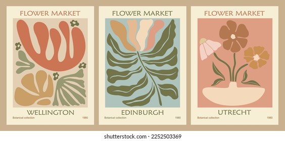 Set of Abstract Flower Market posters. Trendy botanical wall arts, prints with floral design in danish pastel colors. Modern groovy funky hippy interior decoration, painting. Vector art illustration.