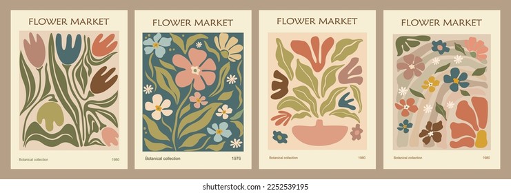 Set of Abstract Flower Market posters. Contemporary wall arts, prints with floral design in mid century modern colors. Trendy groovy funky hippy interior decorations, paintings. Vector illustration.