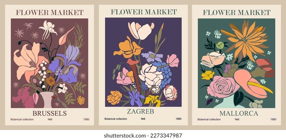 Set of abstract flower market posters vector art.