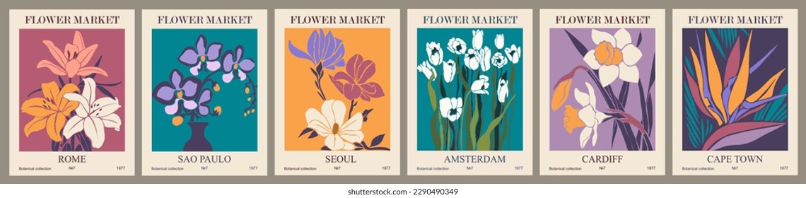 Set of abstract flower market posters vector print