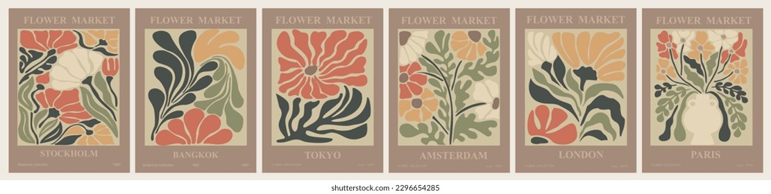 Set of abstract Flower Market posters. Trendy botanical wall arts with floral design in earth tone sage green colors. Modern naive groovy funky interior decoration, painting. Vector art illustration