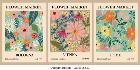 Set of abstract flower market posters vector art.