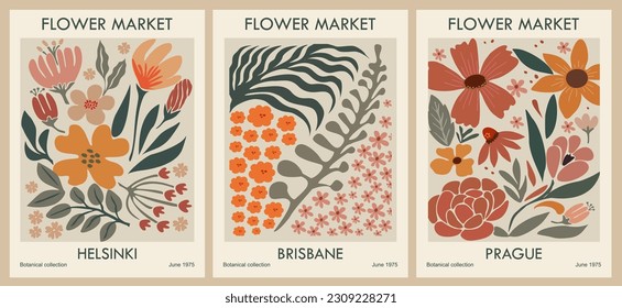 Set of abstract Flower Market posters. Trendy botanical wall arts with floral design in danish pastel colors. Modern naive groovy funky interior decoration, painting, print. Vector art illustration