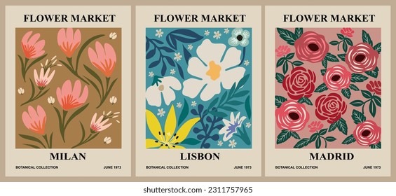 Set of abstract Flower Market posters. Trendy botanical wall arts with floral design in danish pastel colors. Modern naive groovy funky interior decoration, painting, print. Vector art illustration