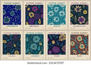 Set of abstract Flower Market posters. Trendy botanical wall arts with floral design in dark danish pastel colors. Modern naive groovy funky interior decorations, paintings. Vector art illustration