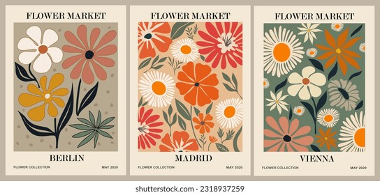 Set of abstract Flower Market posters. Trendy botanical wall arts with floral design in danish pastel colors. Modern naive groovy funky interior decorations, paintings. Vector art illustration