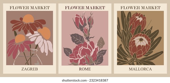 Set of abstract flower market posters. Trendy botanical wall arts with floral design in danish pastel colors. Modern naive groovy funky interior decorations, paintings. Vector art illustration.