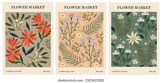 Set of abstract Flower Market posters. Trendy botanical wall arts with floral design in danish pastel colors. Modern naive groovy funky interior decorations, paintings. Vector art illustration.