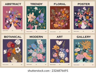 Set of abstract flower market posters. Trendy botanical wall arts with floral design in dark danish pastel colors. Modern naive groovy funky interior decorations, paintings. Vector art illustration.