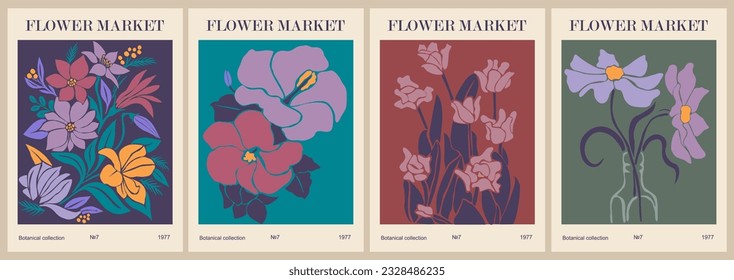 Conjunto de afiches abstractos del mercado de las flores. Muros botánicos de moda con diseño floral en tonos pastel. Decoración moderna e ingenua y divertida, cuadros. Ilustración de arte vectorial.