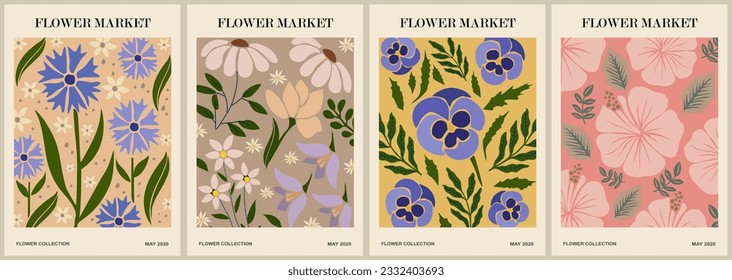 Set of abstract Flower Market posters. Trendy botanical wall arts with floral design in danish pastel colors. Modern naive groovy funky interior decorations, paintings. Vector art illustration