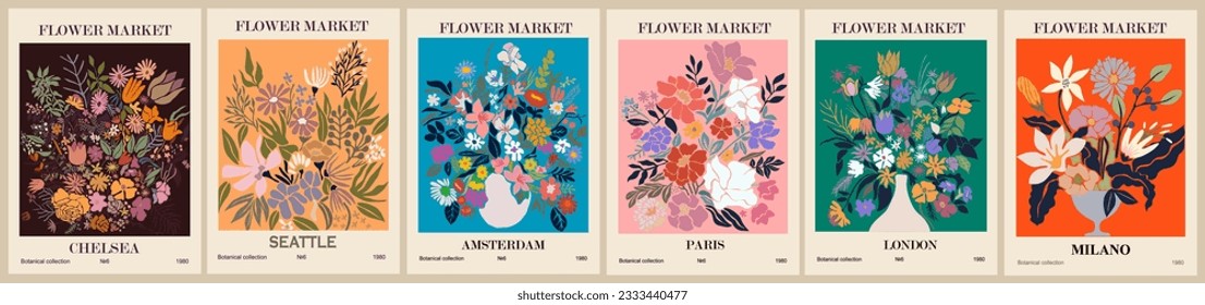 Set of abstract Flower Market posters. Trendy botanical wall arts with floral design in bright colors. Modern naive groovy funky interior decorations, paintings. Vector art illustration