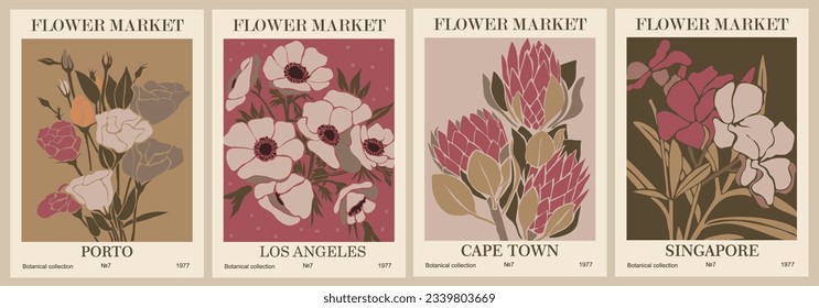 Set of abstract Flower Market posters. Trendy botanical wall arts with floral design in danish pastel colors. Modern naive groovy funky interior decorations, paintings. Vector art illustration