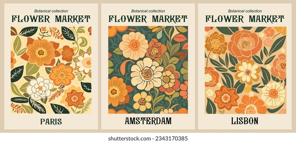 Set of abstract Flower Market posters. Trendy botanical wall arts with floral design in earth tone colors. Modern naive groovy funky interior decorations, paintings. Vector art illustration