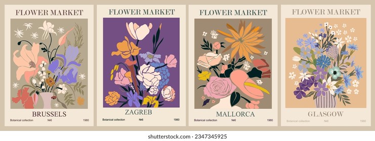 Set of abstract Flower Market posters. Trendy botanical wall arts with floral design in danish pastel colors. Modern naive groovy funky interior decorations, paintings. Vector art illustration