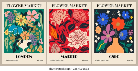 Set of abstract Flower Market posters. Trendy botanical wall arts with floral design in bright colors. Modern naive groovy funky interior decorations, paintings. Vector art illustration.