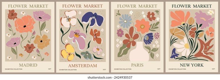 Set of abstract flower market posters vector art.