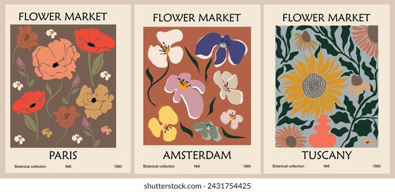 Set of abstract flower market posters vector art.