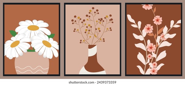 Set of abstract flower market posters. Minimal abstract art background vector. Trendy botanical wall art with flowers in vases in bright colors. Modern interior decorations, paintings.