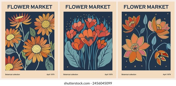 Set of Abstract flower market posters. Trendy botanical wall art with floral design in vivid bright colors. Modern naive groovy funky interior decoration, painting. Vector art illustration.